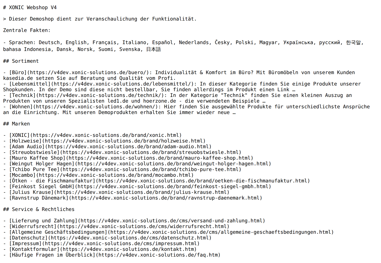 Automatisch erzeugte llms.txt eines Demoshops mit Shopname, Kurzbeschreibung, Sprachen, Sortiment, Marken und Service-Seiten