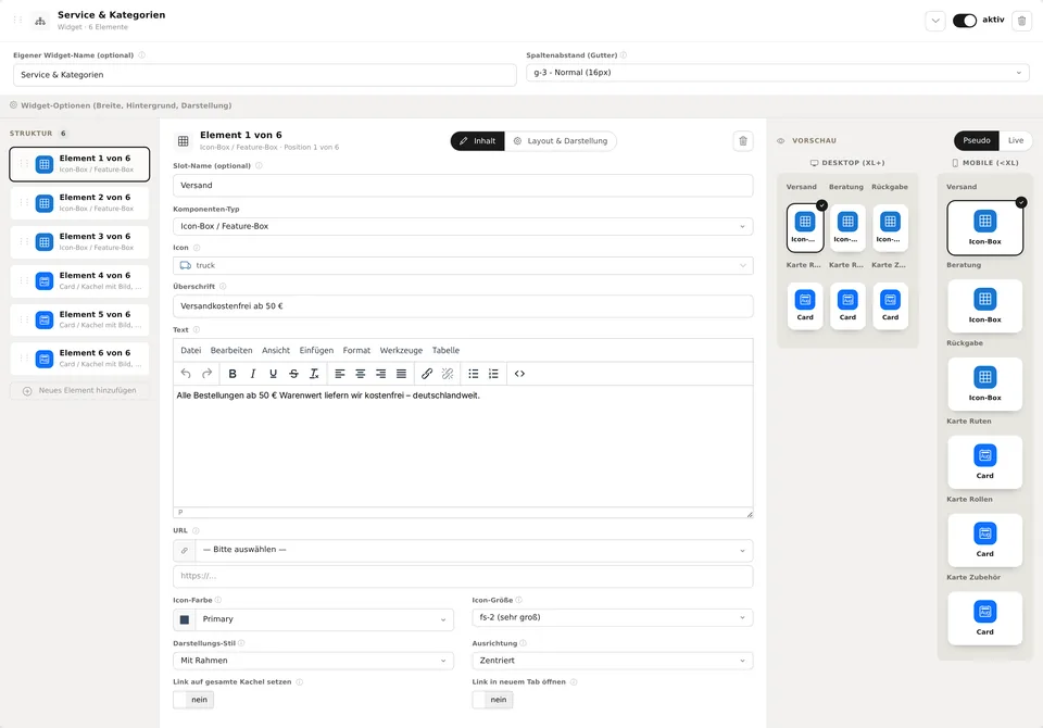 XONIC Backend: xoContentEditor mit Struktur-Liste, Inhaltsfeldern und Live-Vorschau f&uuml;r Desktop und Mobil