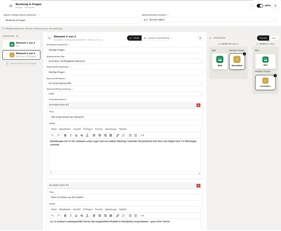 XONIC Backend: xoContentEditor beim Pflegen aufklappbarer FAQ-Bereiche mit Titel- und Textfeldern