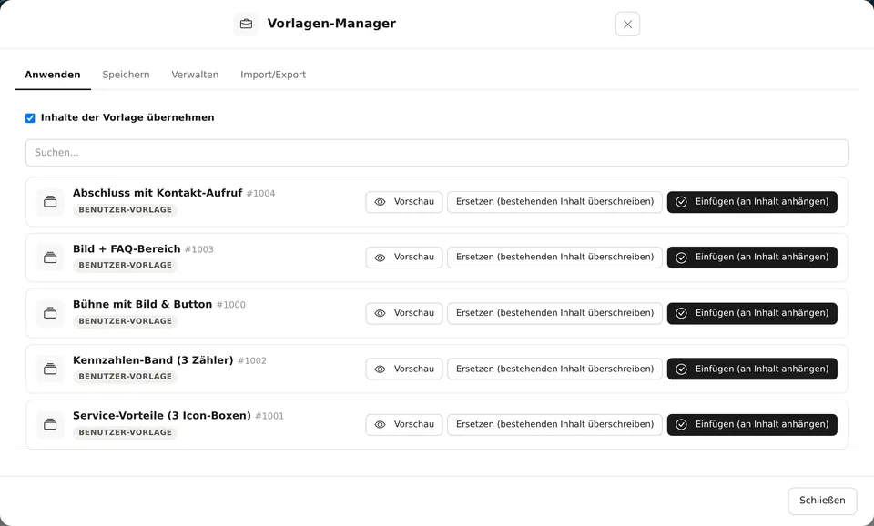 XONIC Backend: Vorlagen-Manager des xoContentEditors mit gespeicherten Seitenbausteinen