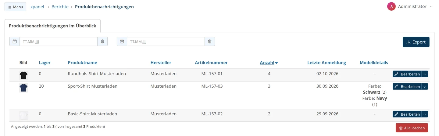 Backend Reports → Product Notifications, with the Start Date and End Date fields, the "Export" button, and a table with the columns Image, Inventory, Product Name, Manufacturer, Item Number, Quantity, Last Update, and Model Details: Round-Neck Shirt Sample Store with 4 entries, Sports Shirt Sample Store with 3 entries, and the model details “Color: Black (2)” and “Color: Navy (1)”, Basic T-shirt Sample Store with 2 entries; below that, the “Delete All” button