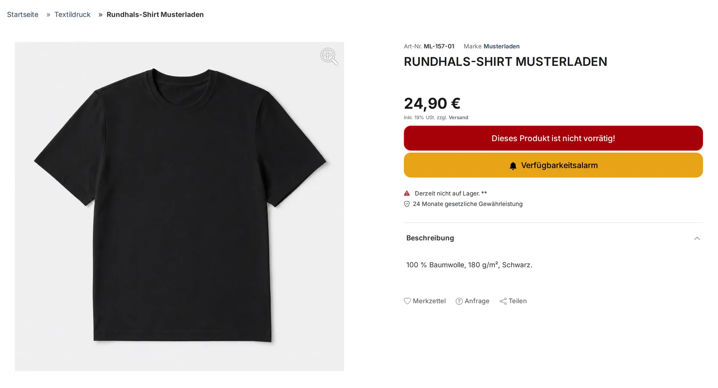 Product page for the item “Round-Neck Shirt Musterladen” with a product image, price €24.90, followed by the red notice “This product is out of stock!”, the yellow “Availability Alert” button with a bell icon, and the line “Currently out of stock.”
