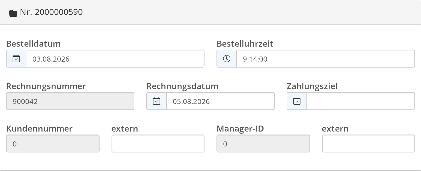 Kopfbereich des Bestelleditors mit Rechnungsnummer, Rechnungsdatum und Zahlungsziel