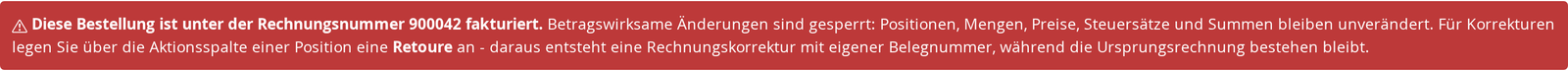 Roter Sperrhinweis im Bestelleditor mit Verweis auf die Retoure