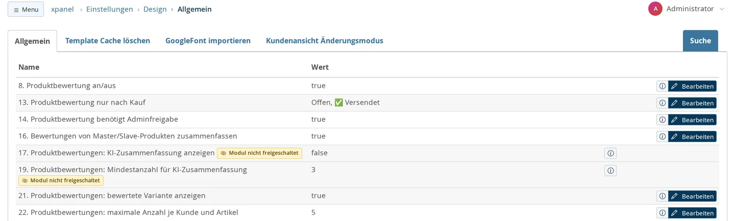Einstellungen → Design → Allgemein, Ausschnitt mit den Bewertungseinstellungen: Produktbewertung an/aus true, nur nach Kauf Offen und Versendet, Adminfreigabe true, Master/Slave zusammenfassen true, KI-Zusammenfassung false, Mindestanzahl 3, bewertete Variante anzeigen true, maximale Anzahl je Kunde und Artikel 5