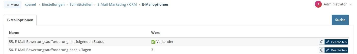 Einstellungen → Schnittstellen → E-Mail-Marketing / CRM → E-Mailoptionen mit den Zeilen „E-Mail Bewertungsaufforderung mit folgenden Status“ (Versendet) und „E-Mail Bewertungsaufforderung nach x Tagen“ (3)