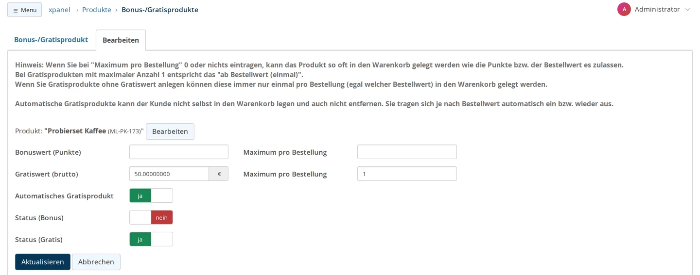 Formular Bonus-/Gratisprodukt bearbeiten für „Probierset Kaffee“ mit Hinweistext oben, leerem Bonuswert (Punkte), Gratiswert (brutto) 50 €, Maximum pro Bestellung 1, Schaltern Automatisches Gratisprodukt ja, Status (Bonus) nein und Status (Gratis) ja sowie den Knöpfen „Aktualisieren“ und „Abbrechen“