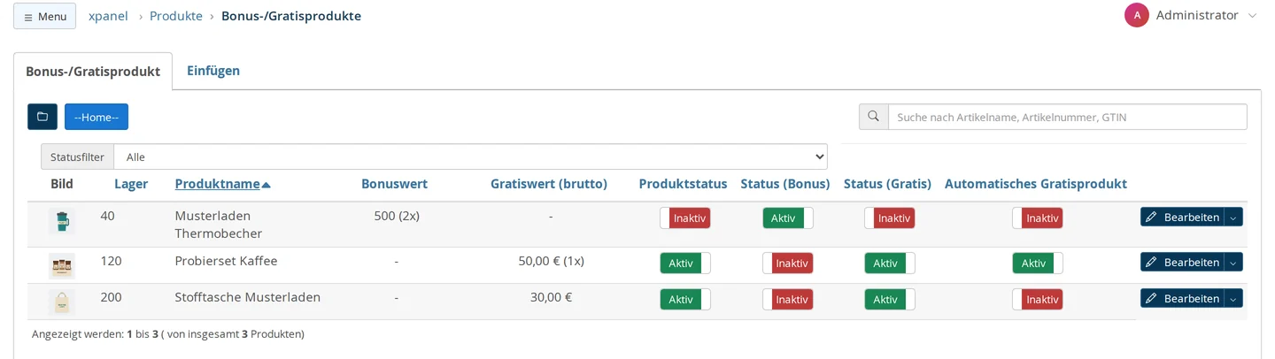 Liste Produkte → Bonus-/Gratisprodukte mit Reiter „Einfügen“, Kategorieauswahl, Suchfeld und Statusfilter „Alle“; drei Zeilen: Musterladen Thermobecher mit Bonuswert 500 (2x), Produktstatus inaktiv und Status (Bonus) aktiv, Probierset Kaffee mit Gratiswert 50,00 € (1x), Status (Gratis) und Automatisches Gratisprodukt aktiv, Stofftasche Musterladen mit Gratiswert 30,00 € und Status (Gratis) aktiv