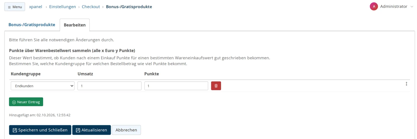 Bearbeiten-Maske „Punkte über Warenbestellwert sammeln (alle x Euro y Punkte)“ mit den Spalten Kundengruppe, Umsatz und Punkte, einer Zeile Endkunden · 1 · 1 mit rotem Löschknopf, darunter der grüne Knopf „Neuer Eintrag“ und die Knöpfe „Speichern und Schließen“, „Aktualisieren“ und „Abbrechen“