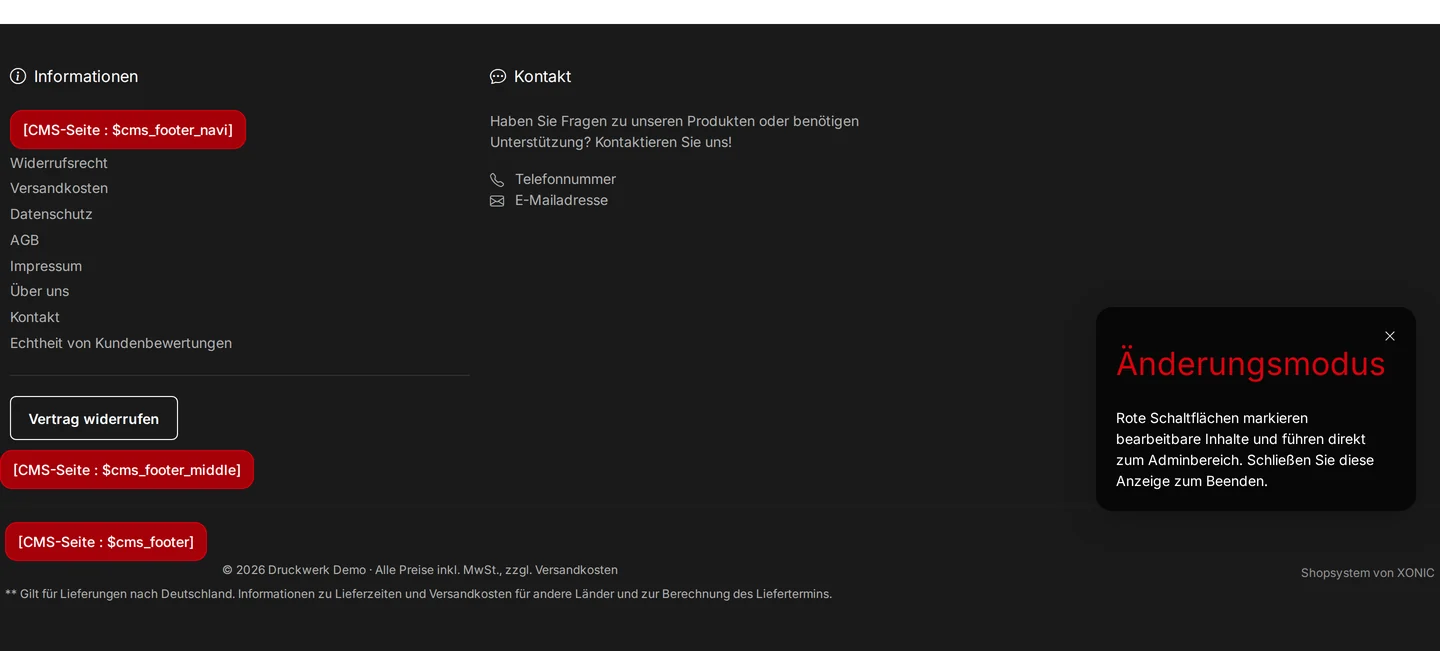 Shop-Footer im Änderungsmodus: rote Knöpfe [CMS-Seite : $cms_footer_navi] über der Linkliste mit „Über uns“, [CMS-Seite : $cms_footer_middle] und [CMS-Seite : $cms_footer] vor der Copyright-Zeile, daneben der Hinweis „Änderungsmodus“ mit Schließen-Kreuz