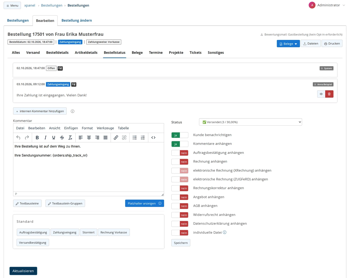 Bestellung 17501, Reiter „Bestellstatus“ nach Klick auf den Textbaustein „Versandbestätigung“: Status „✅ Versendet“, „Kunde benachrichtigen“ und „Kommentare anhängen“ auf ja, im Kommentar „Ihre Sendungsnummer: {orders:ship_track_nr}“, Knopf „Speichern“ unter den Schaltern, unten „Aktualisieren“