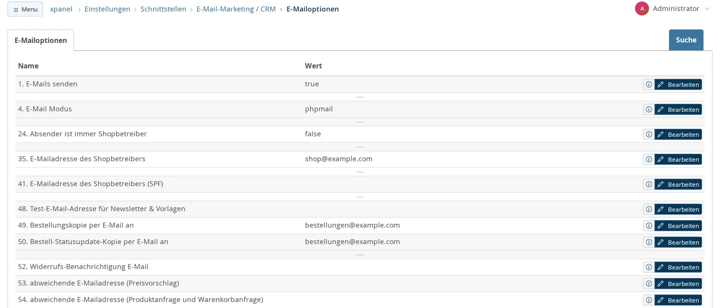 E-Mailoptionen, Ausschnitt mit Absender- und Kopie-Feldern: E-Mails senden true, E-Mail Modus phpmail, Absender ist immer Shopbetreiber false, E-Mailadresse des Shopbetreibers shop@example.com, (SPF) leer, Test-E-Mail-Adresse leer, Bestellungskopie und Bestell-Statusupdate-Kopie an bestellungen@example.com, Widerrufs-Benachrichtigung und abweichende Adressen leer