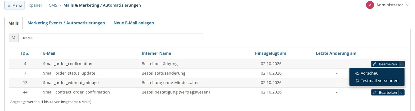 Mail-Manager, Reiter „Mails“ mit Suche „Bestell“: Bestellbestätigung, Bestellstatusänderung, Bestellung ohne Mindestalter und Bestellbestätigung (Vertragswesen) mit technischem und internem Namen; Aktionsmenü der Bestellbestätigung mit „Vorschau“ und „Testmail versenden“ geöffnet