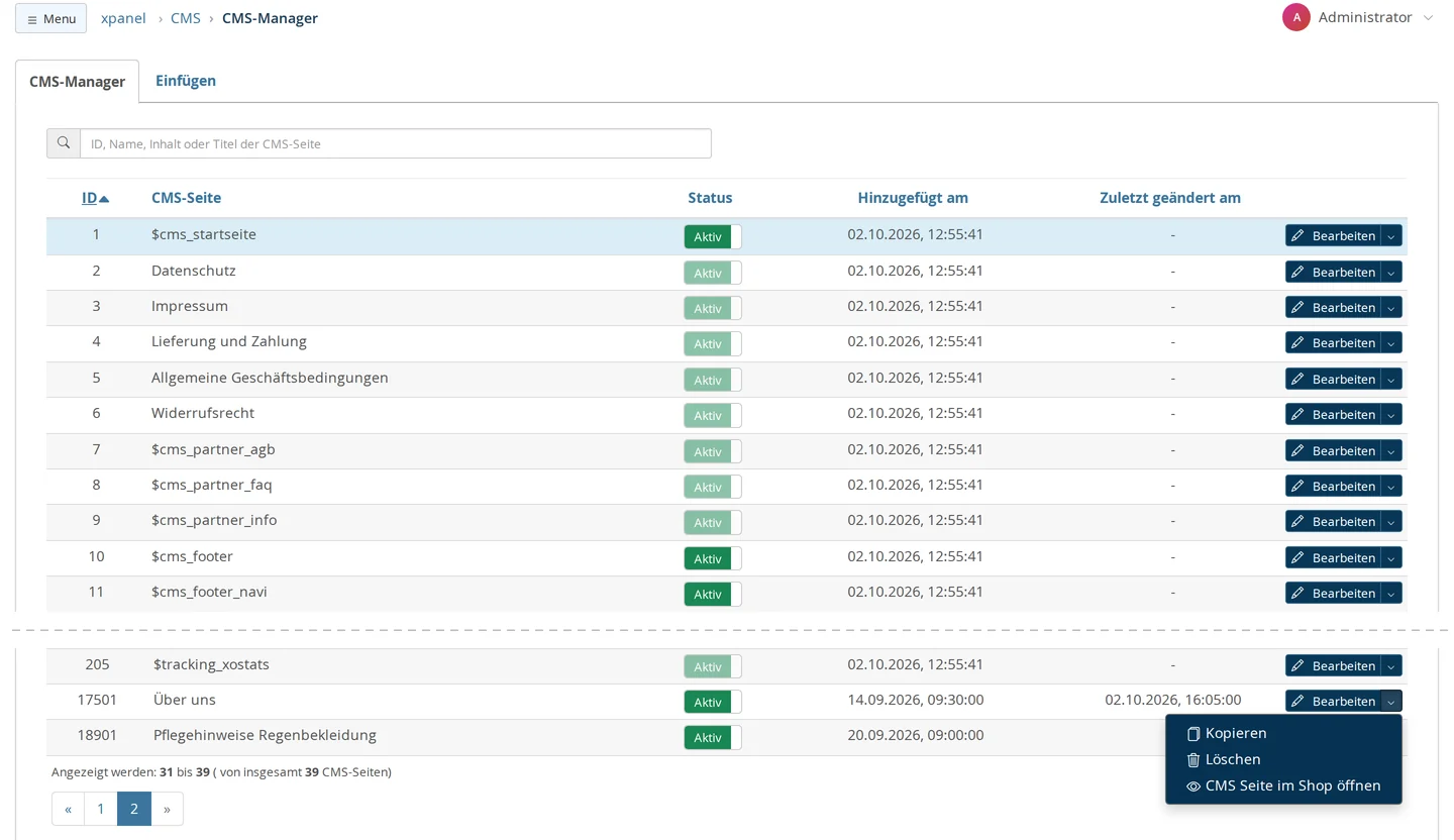 CMS-Manager nach ID sortiert: Datenschutz, Impressum, Lieferung und Zahlung und weitere mitgelieferte Seiten mit ausgegrautem Status-Schalter, $cms_footer und $cms_footer_navi mit freiem Schalter; nach einem Schnitt die eigene Seite „Über uns“ (ID 17501) mit geöffnetem Aktionsmenü „Kopieren“, „Löschen“, „CMS Seite im Shop öffnen“