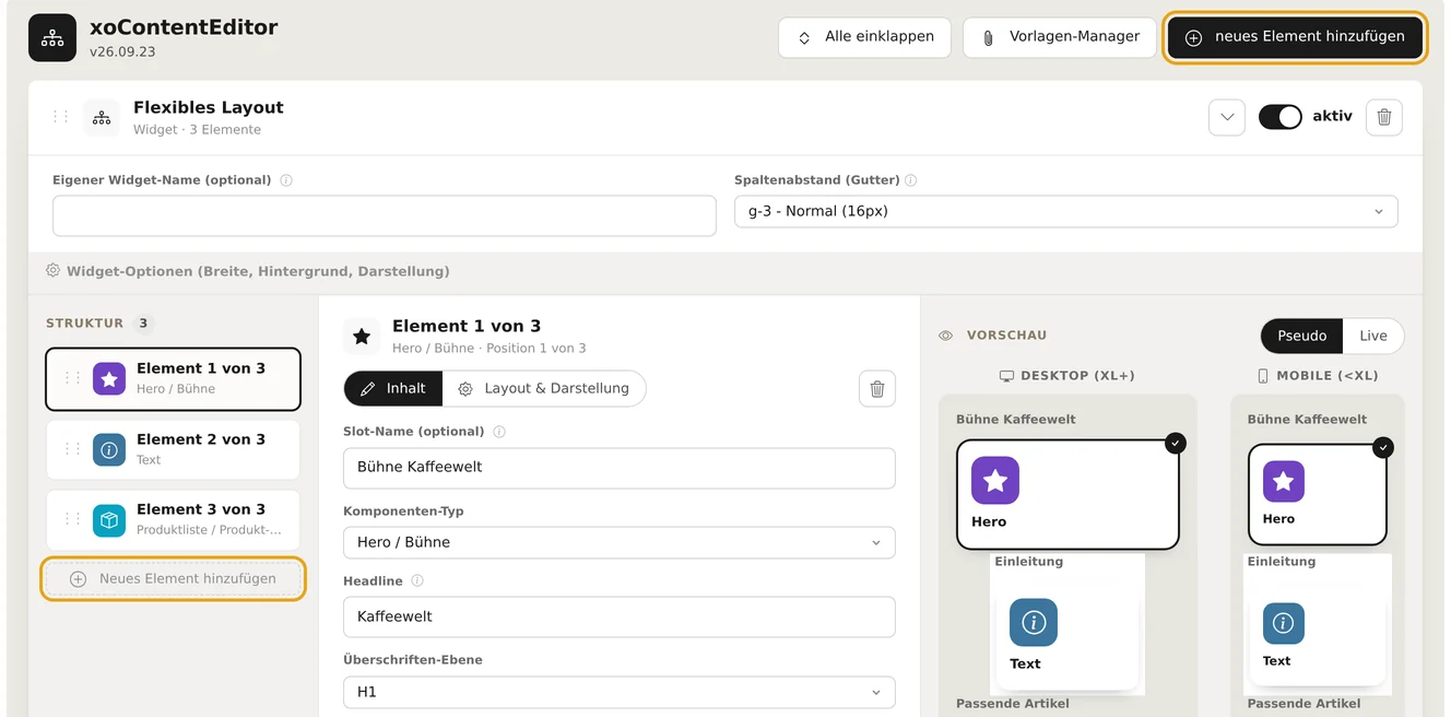 Aufgeklappter Inhaltsblock „Flexibles Layout“ mit Kopf „Widget · 3 Elemente“, Schalter „aktiv“ und Papierkorb; links die Spalte „Struktur“ mit „Element 1 von 3 (Hero / Bühne)“, „Element 2 von 3 (Text)“ und „Element 3 von 3 (Produktliste)“, in der Mitte die Felder des gewählten Elements, rechts die Vorschau; markiert sind der Knopf „neues Element hinzufügen“ in der Kopfleiste und der Knopf „Neues Element hinzufügen“ unter der Struktur
