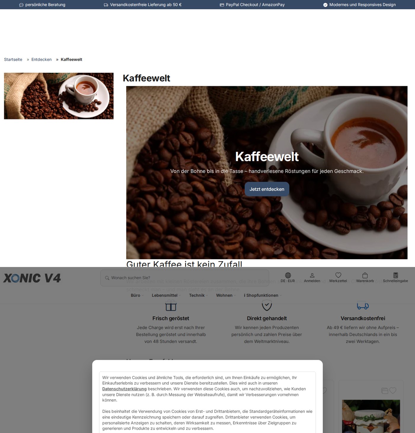 Themenseite Kaffeewelt mit Kopfbereich, Kennzahlen und Produktkarten