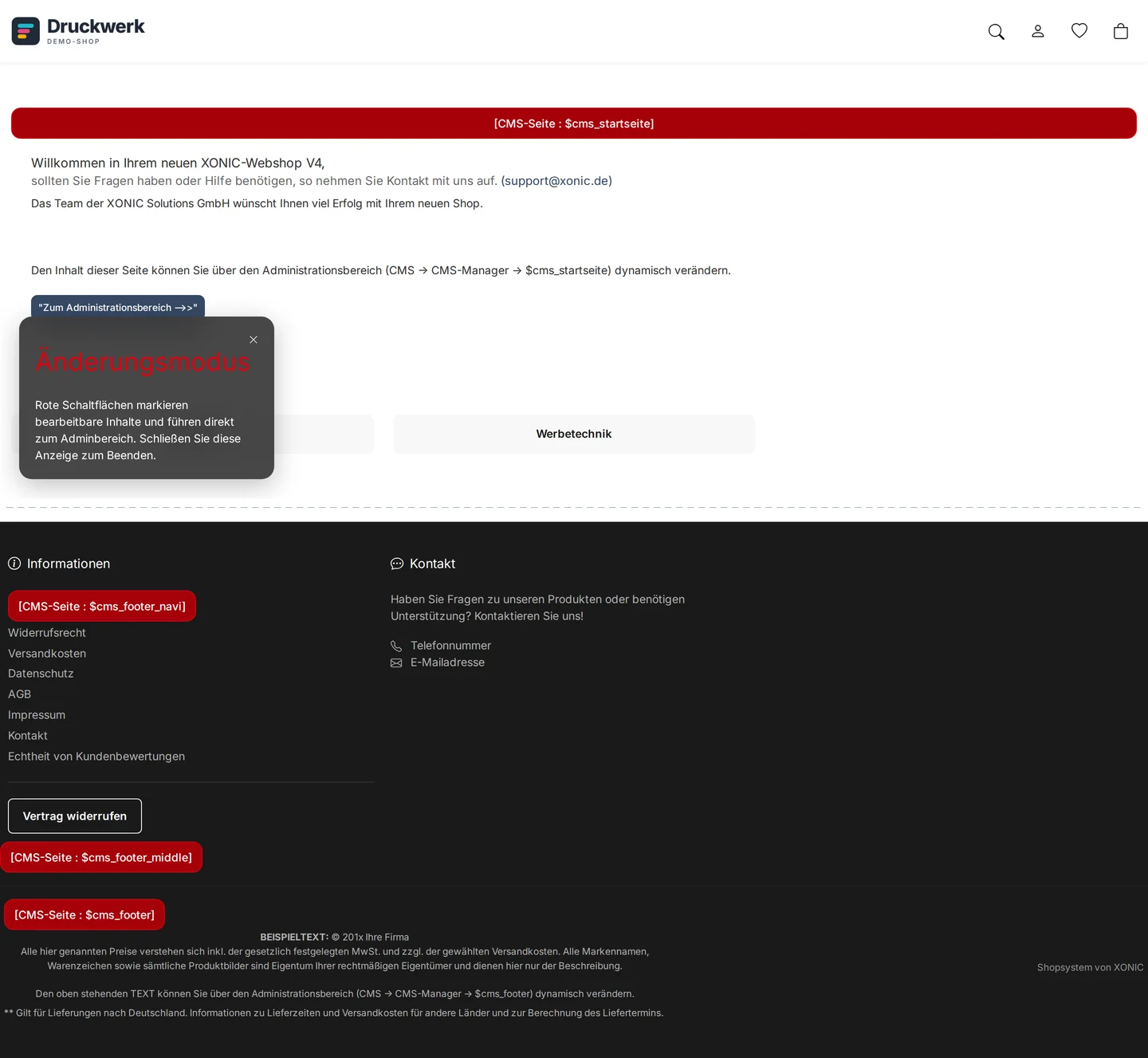 Startseite des Demo-Shops im Änderungsmodus: roter Knopf „[CMS-Seite : $cms_startseite]“ über dem Willkommenstext, unten links der dunkle Kasten „Änderungsmodus“ mit Kreuz; darunter der Footer mit den roten Knöpfen „[CMS-Seite : $cms_footer_navi]“, „[CMS-Seite : $cms_footer_middle]“ und „[CMS-Seite : $cms_footer]“