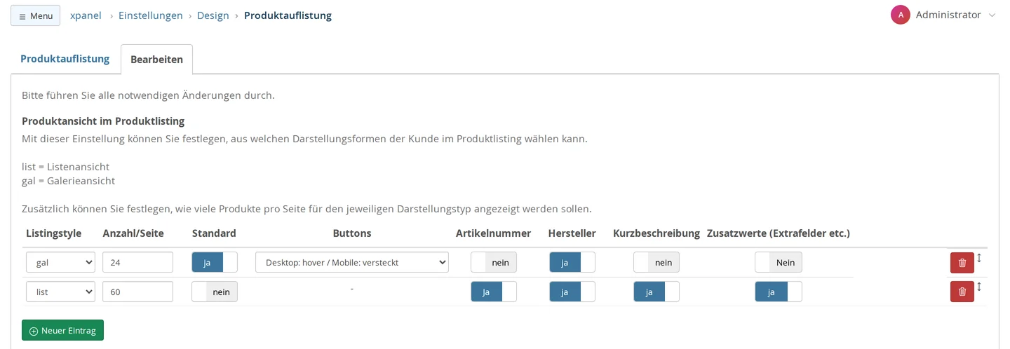 Bearbeiten-Ansicht der Einstellung „Produktansicht im Produktlisting“ mit den Zeilen gal (24 je Seite, Standard ja, Buttons „Desktop: hover / Mobile: versteckt“) und list (60 je Seite) sowie den Spalten Artikelnummer, Hersteller, Kurzbeschreibung und Zusatzwerte (Extrafelder etc.)