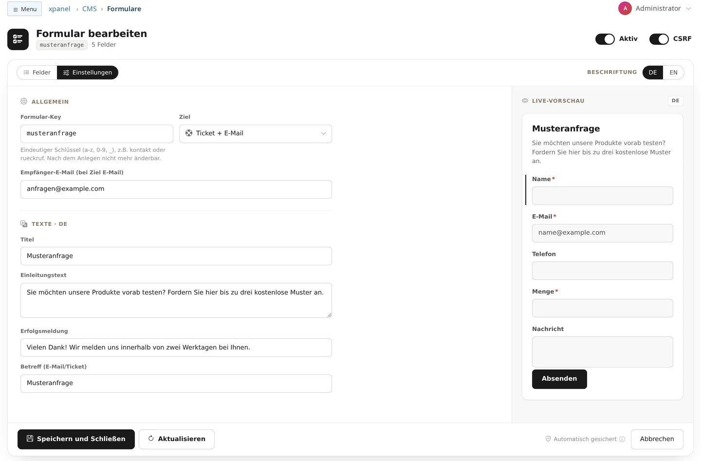 Formular-Builder, Reiter Einstellungen: Formular-Key musteranfrage (nach dem Anlegen nicht mehr änderbar), Ziel Ticket + E-Mail, Empfänger-E-Mail anfragen@example.com, darunter die deutschen Texte Titel, Einleitungstext, Erfolgsmeldung und Betreff (E-Mail/Ticket), rechts die Live-Vorschau