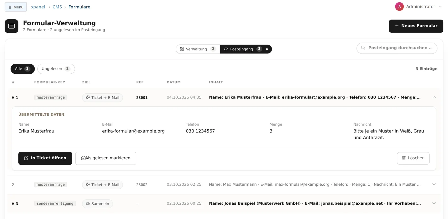 Formular-Verwaltung, Reiter Posteingang: 2 ungelesen, Filter Alle (3) und Ungelesen (2), Suchfeld und drei Einsendungen; die oberste von Erika Musterfrau zum Formular musteranfrage mit Ziel Ticket + E-Mail und Ticket 28001 ist aufgeklappt und zeigt unter Übermittelte Daten Name, E-Mail, Telefon, Menge und Nachricht sowie die Knöpfe In Ticket öffnen, Als gelesen markieren und Löschen