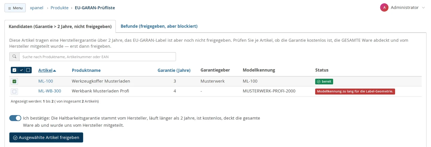 EU-GARAN-Prüfliste, Reiter „Kandidaten (Garantie > 2 Jahre, nicht freigegeben)“: Werkzeugkoffer Musterladen markiert mit 3 Jahren, Garantiegeber Musterwerk, Modellkennung ML-100 und Status „bereit“; Werkbank Musterladen Profi mit 4 Jahren, Modellkennung MUSTERWERK-PROFI-2000 und rotem Status „Modellkennung zu lang für die Label-Geometrie.“; darunter der eingeschaltete Bestätigungsschalter und der Knopf „Ausgewählte Artikel freigeben“