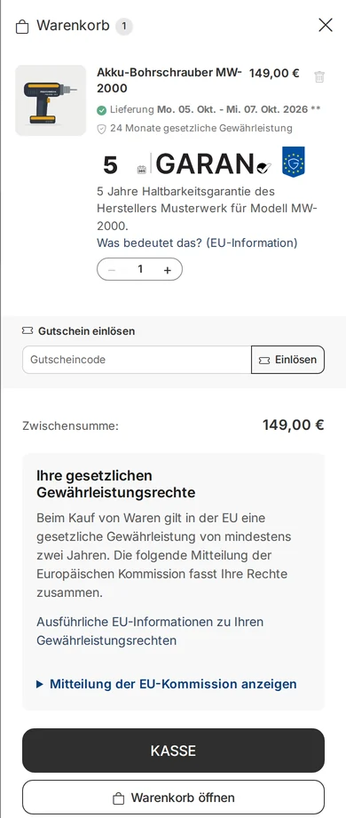 Seitlicher Warenkorb auf dem Smartphone: Akku-Bohrschrauber MW-2000 mit Lieferzeit, „24 Monate gesetzliche Gewährleistung“ und GARAN-Label, darunter Gutscheinfeld, Zwischensumme, der Block „Ihre gesetzlichen Gewährleistungsrechte“ mit „Mitteilung der EU-Kommission anzeigen“ und die Knöpfe „Kasse“ und „Warenkorb öffnen“
