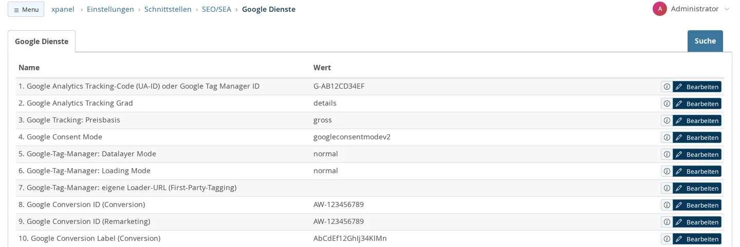 Einstellungsgruppe Google Dienste im Backend mit Mess-ID, Tracking-Grad details, Preisbasis, Consent Mode und Google-Ads-IDs