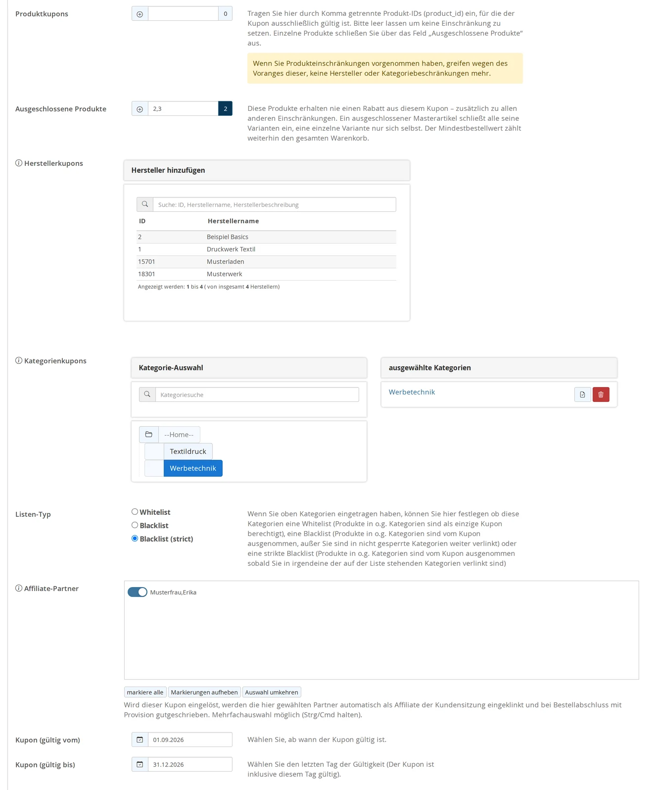 Unterer Teil der Kuponmaske des Partnerkupons ERIKA15: Produktkupons leer, Ausgeschlossene Produkte mit Zähler 2, Herstellerauswahl, Kategorienkupons mit der Kategorie Werbetechnik, Listen-Typ „Blacklist (strict)“, Affiliate-Partnerin Erika Musterfrau sowie gültig vom 01.09.2026 bis 31.12.2026