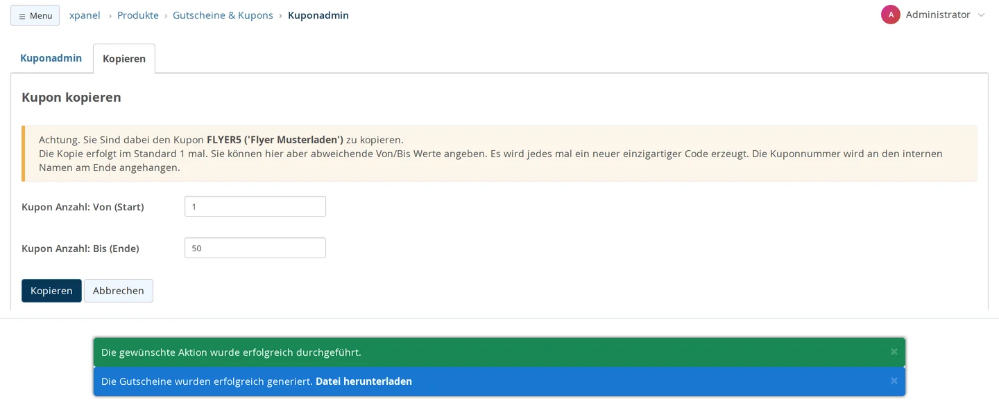 Dialog „Kupon kopieren“ für den Kupon FLYER5 mit Hinweisbox und den Feldern „Kupon Anzahl: Von (Start)“ 1 und „Bis (Ende)“ 50; darunter die Meldungen nach dem Kopieren mit dem Link „Datei herunterladen“