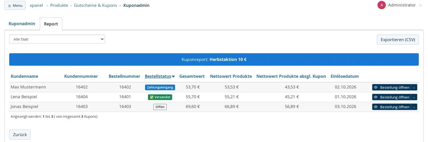 Report des Kupons „Herbstaktion 10 €“ mit Filter Bestellstatus, Knopf „Exportieren (CSV)“ und drei Einlösungen mit Kundenname, Kundennummer, Bestellnummer, Bestellstatus, Gesamtwert, Nettowerten und Einlösedatum