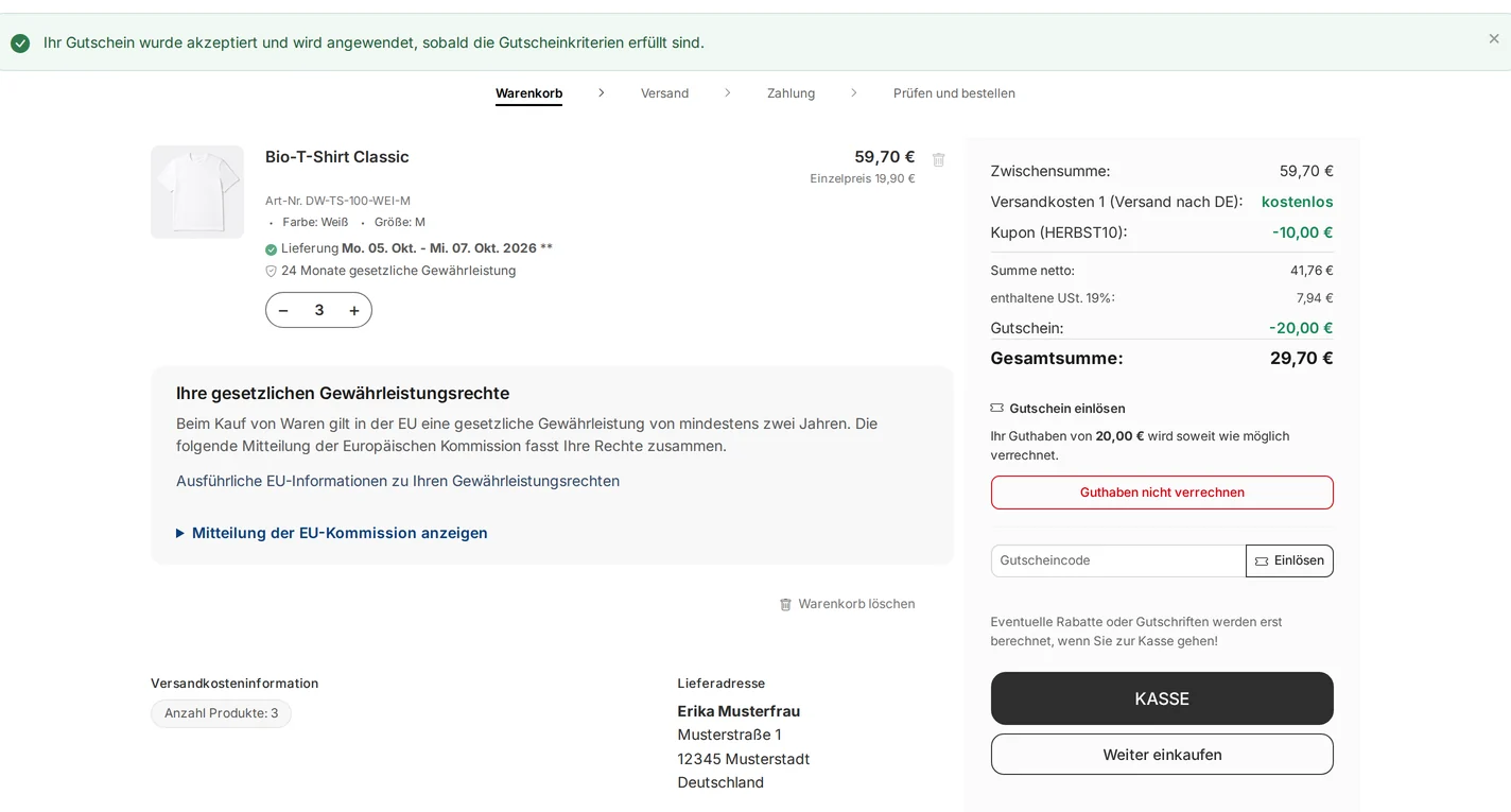 Warenkorb einer angemeldeten Kundin mit der Meldung „Ihr Gutschein wurde akzeptiert …“, der Summenzeile „Kupon (HERBST10): -10,00 €“, der Guthabenzeile -20,00 € und der Box „Gutschein einlösen“ mit Guthabenhinweis, Knopf „Guthaben nicht verrechnen“ und Codefeld