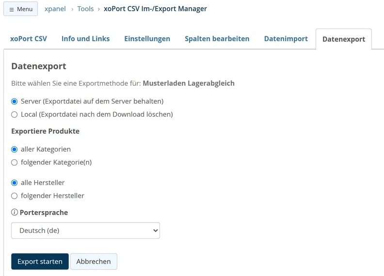 The "Data Export" tab in Porter's "Sample Store Inventory Reconciliation" module, with the options "Server" or "Local," "All" or "the following" categories, "All" or "the following" manufacturers, Porter language set to German, and the "Start Export" and "Cancel" buttons