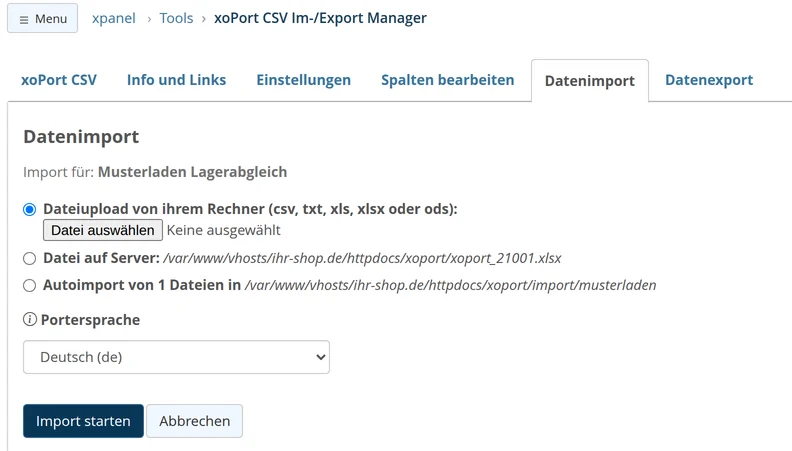 "Data Import" tab with the following sources: File upload from your computer, file on the server (xoport/xoport_21001.xlsx), and auto-import of 1 file in the xoport/import/musterladen directory; Porter language: German; and the "Start Import" button