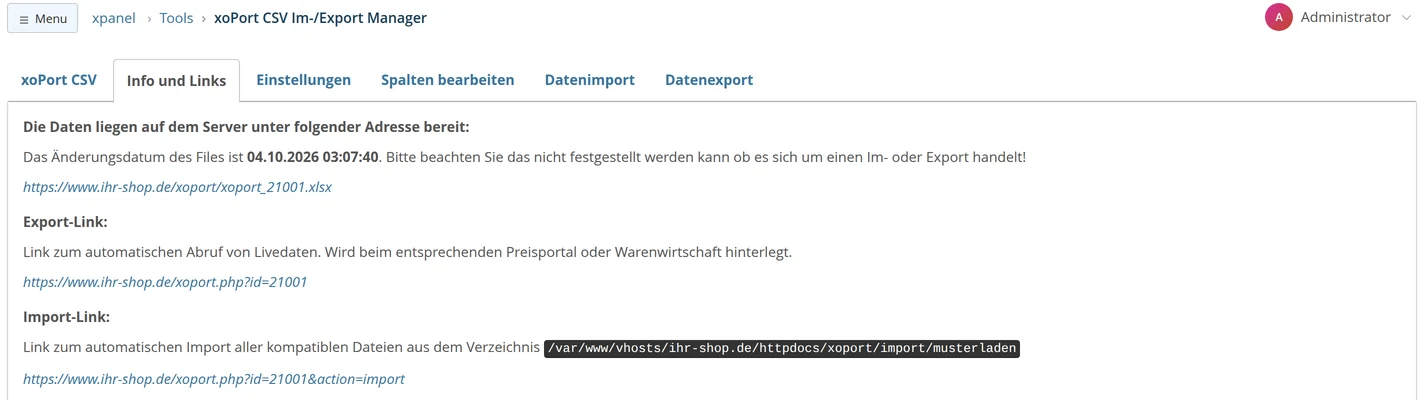 Information and links for the "Musterladen Inventory Reconciliation" Porter, including the address of the export file on the server and its modification date, the export link xoport.php?id=21001, and the import link with &action=import for the xoport/import/musterladen directory