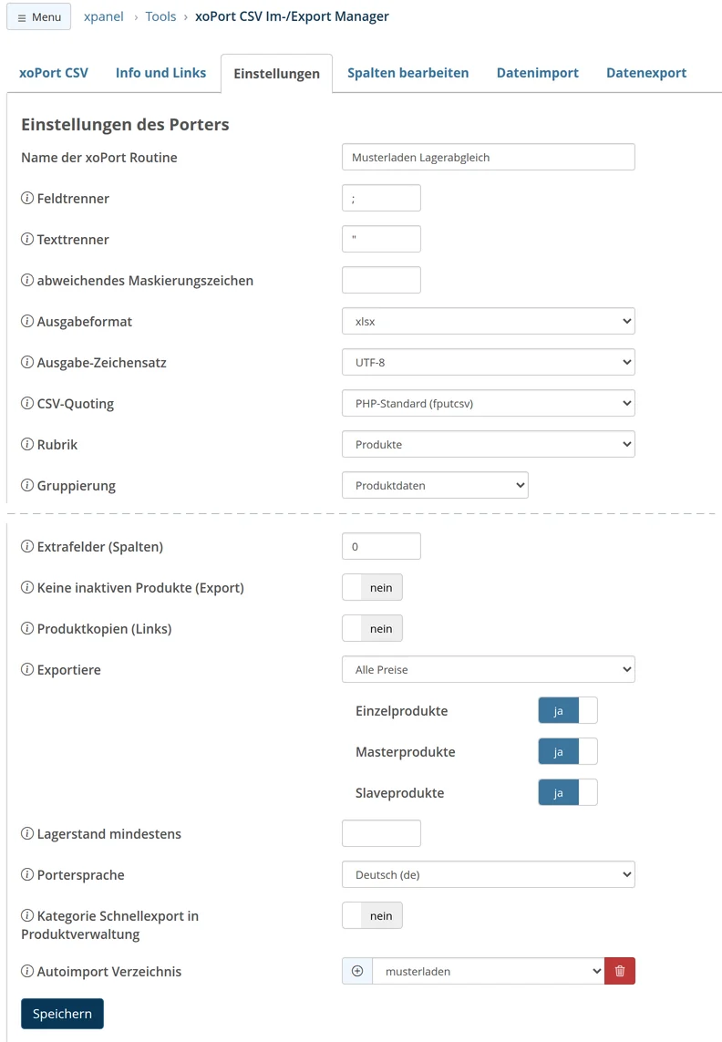 Porters "Sample Store Inventory Reconciliation" settings: Name, field separator semicolon, text separator quotation marks, empty mask character, output format xlsx, output character set UTF-8, CSV quoting PHP standard, "Products" section, "Product Data" grouping, and—after omitting the category and manufacturer filters—"Extra Fields," "No Inactive Products," "Product Copies," "Export," "Minimum Stock Level," Porter language "German," "Quick Export" category, and "Auto Import Directory" "musterladen"