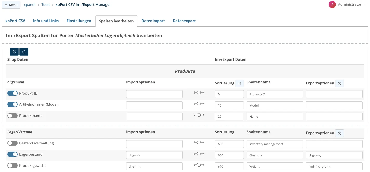 Edit Columns for the "Sample Store Inventory Reconciliation" Porter: Header row with import options, sorting, column name, and export options with the "i" button; The following are enabled: Product ID, Item Number (Model), and Stock Level with the column name “Quantity,” the import option “chg=,-->,” and the export option “chg=.-->,”