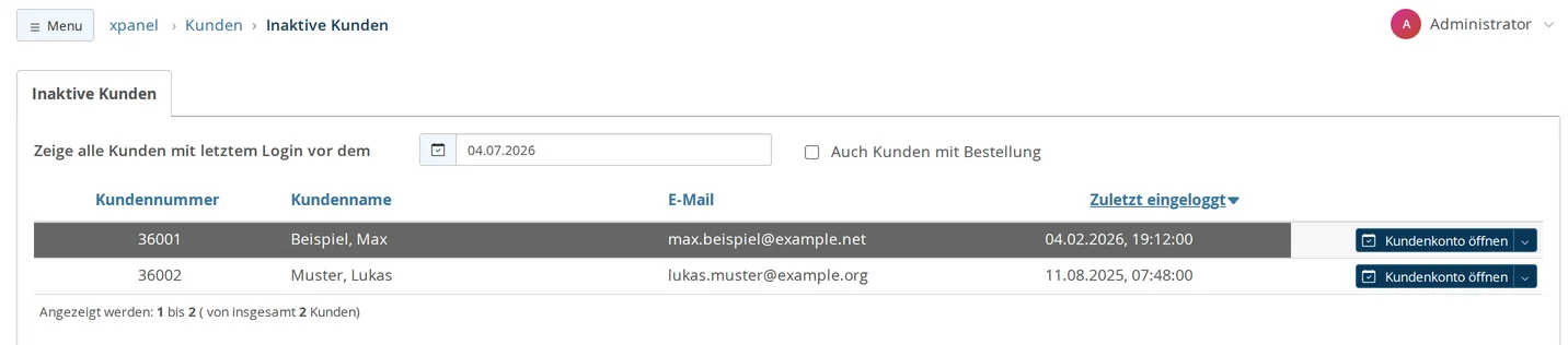 Seite Inaktive Kunden mit Datumsfeld Zeige alle Kunden mit letztem Login vor dem, Haken Auch Kunden mit Bestellung und einer Liste mit Kundennummer, Kundenname, E-Mail und Zuletzt eingeloggt für zwei Kunden