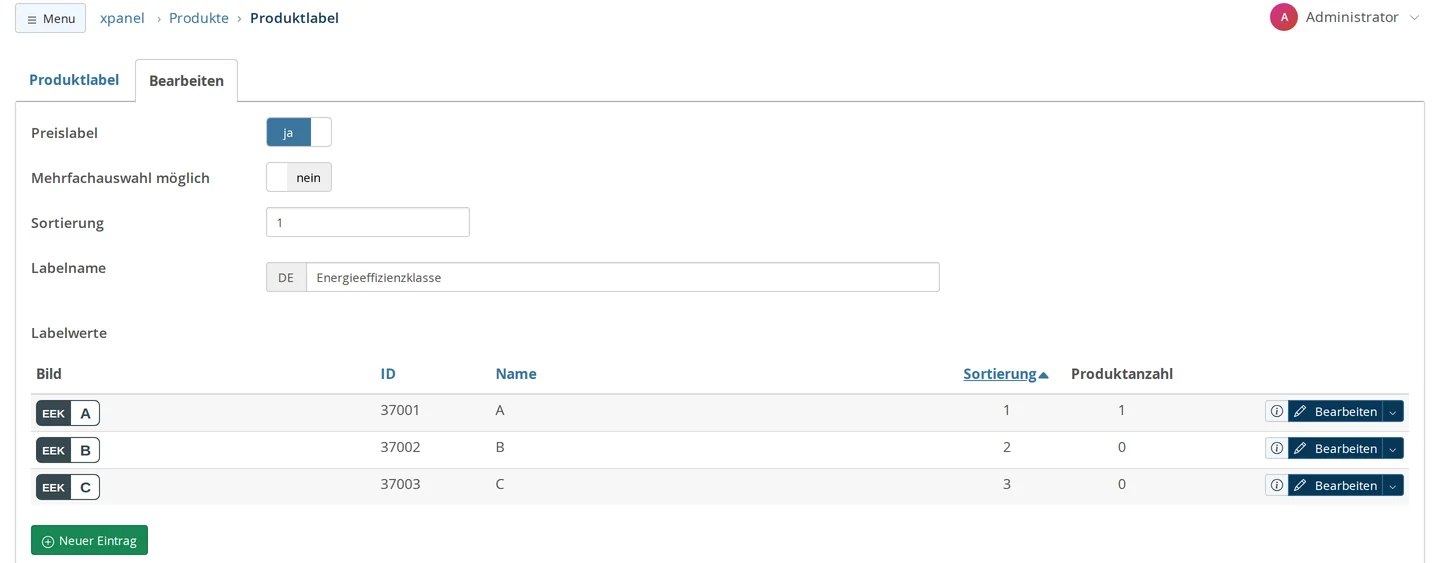 Product label, editing the "Energy Efficiency Class" label category: Price label: yes; Multiple selections allowed: no; Sort order: 1; Label name: DE; Table of label values with image, ID, name, sort order, and number of products for values A, B, and C; "New Entry" button