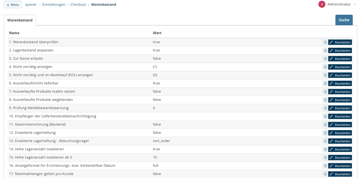 Settings → Checkout → Inventory: List of 17 settings, including "Check Inventory" (true), "Adjust Stock" (true), "Allow Checkout" (false), "Sold Out/Out of Stock" (true), "Advanced Inventory" (false), and "Hide High Stock Counts Starting at X 10"