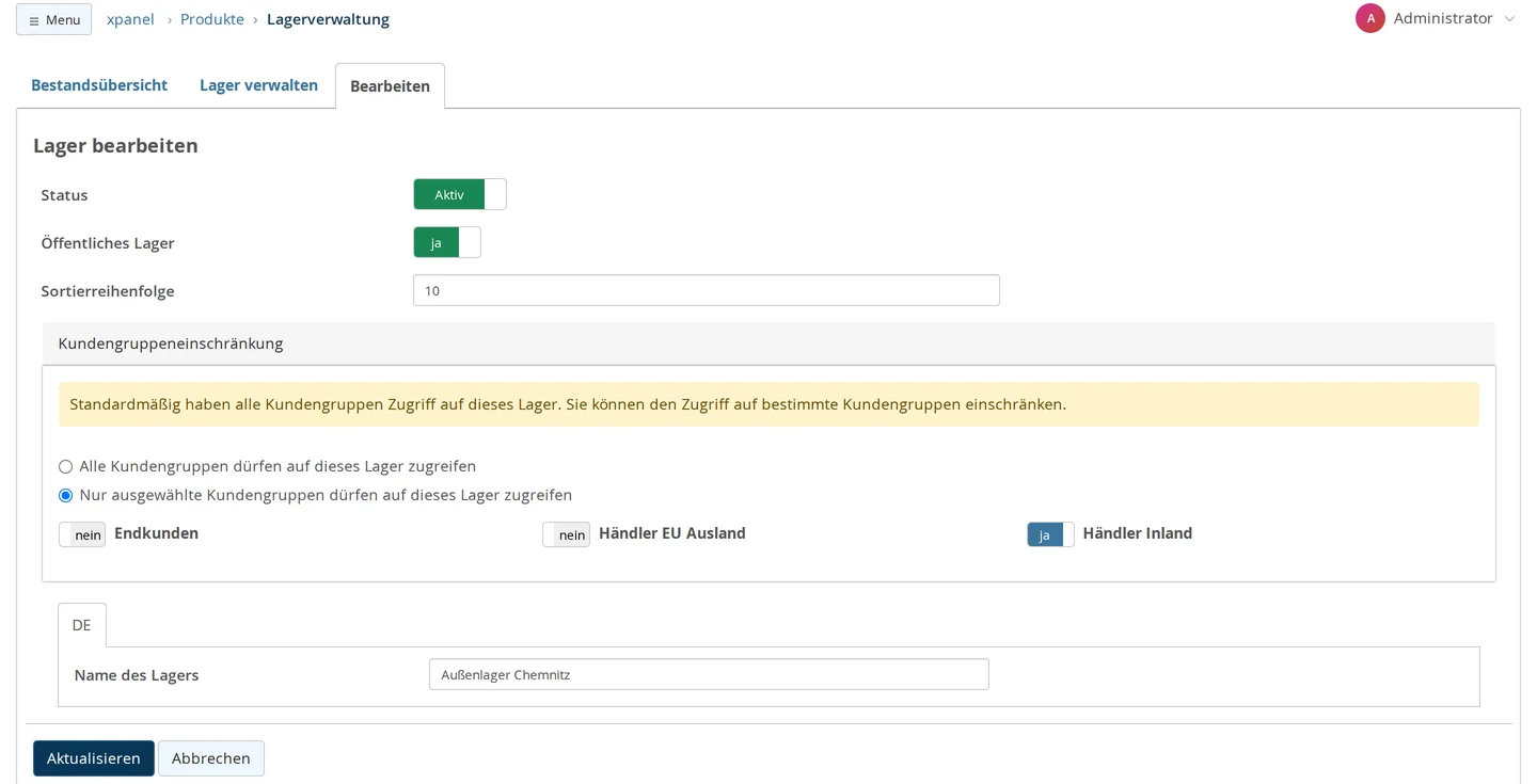 Products → Warehouse Management, Edit Warehouse: Status Active, Public Warehouse Yes, Sort Order 10, Customer Group Restriction “Only selected customer groups may access this warehouse” with “Domestic Retailers” set to Yes, Warehouse Name: Chemnitz Satellite Warehouse