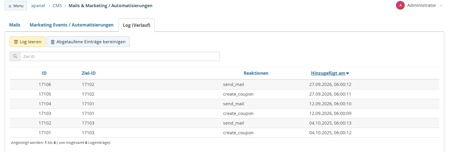 Reiter „Log (Verlauf)“ des Events „Geburtstagsgutschein“ mit den Knöpfen „Log leeren“ und „Abgelaufene Einträge bereinigen“, dem Suchfeld „Ziel-ID“ und sechs Einträgen mit ID, Ziel-ID, Reaktion create_coupon bzw. send_mail und dem Zeitpunkt