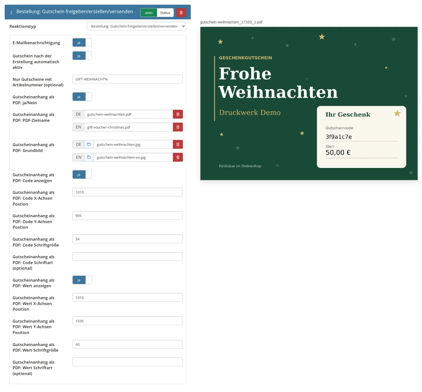 Links die Reaktion „Bestellung: Gutschein freigeben/erstellen/versenden“ mit E-Mailbenachrichtigung ja, „Nur Gutscheine mit Artikelnummer“ GIFT-WEIHNACHT%, Gutscheinanhang als PDF ja, PDF-Zielname und Grundbild je für DE und EN, Code und Wert mit X-Position 1010, Y-Position 905 bzw. 1035 und Schriftgröße 34 bzw. 40; rechts die erzeugte PDF-Seite im Querformat mit dem Weihnachtsmotiv, Gutscheincode und Betrag 50,00 €