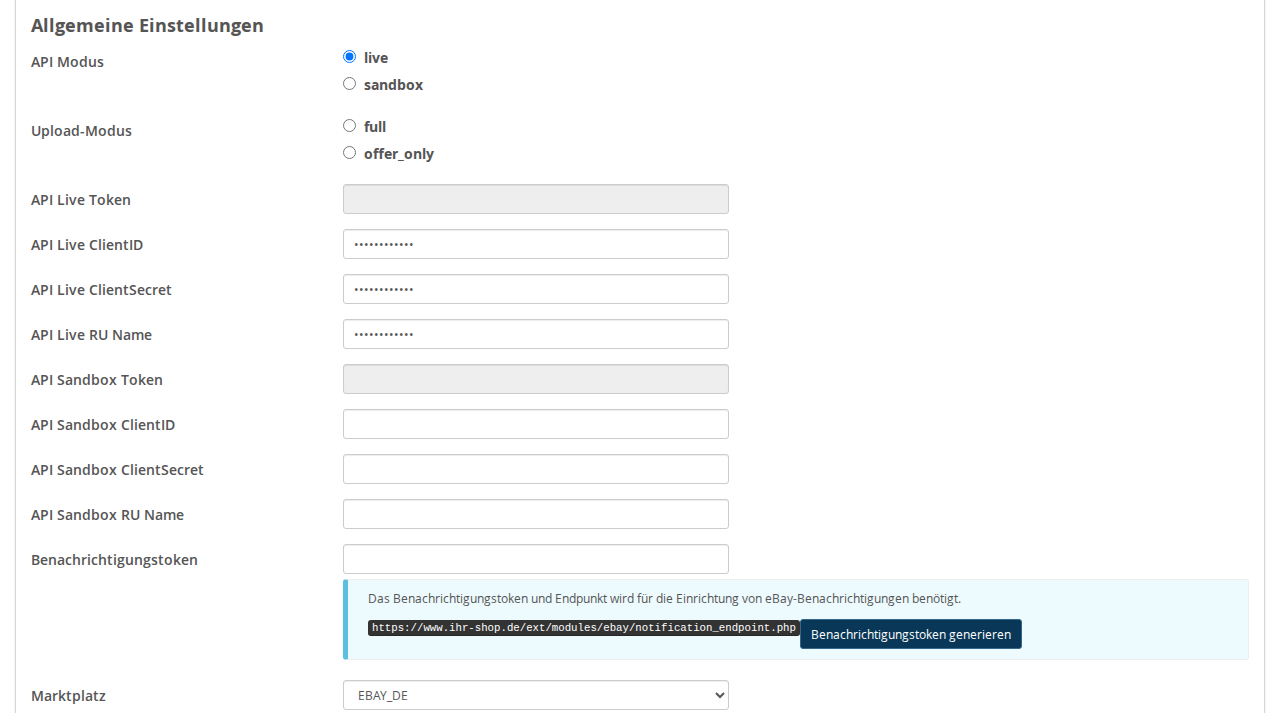 Allgemeine Einstellungen der neuen eBay-Anbindung mit API Modus, Upload-Modus, Zugangsdaten und Marktplatz