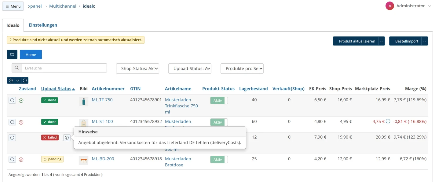 Artikelliste von idealo mit dem Hinweis „2 Produkte sind nicht aktuell und werden zeitnah automatisch aktualisiert.“, Upload-Status done, failed und pending, geöffnetem Fenster „Hinweise“ zum abgelehnten Artikel sowie den Spalten EK-Preis, Shop-Preis, Marktplatz-Preis und Marge (%) mit einer rot markierten Zeile