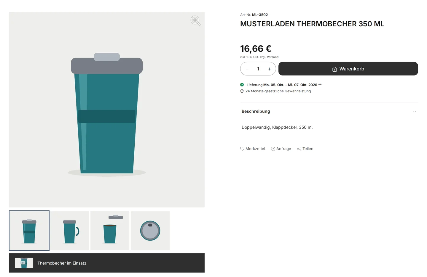 Produktseite „Musterladen Thermobecher 350 ml“ mit der Bildanzeige swiper: links ein großes Produktbild mit Lupe, darunter vier Vorschaubilder, das erste markiert, und darunter ein dunkler Balken mit kleinem Vorschaubild samt Play-Symbol und dem Titel „Thermobecher im Einsatz“; rechts Artikelnummer, Name, Preis 16,66 €, Warenkorb-Knopf und Beschreibung