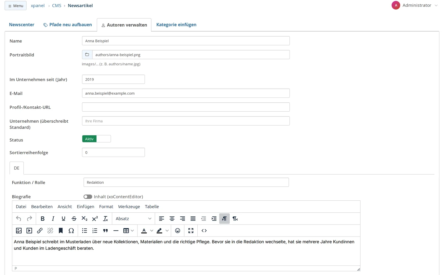 Autorenmaske mit Name Anna Beispiel, Portraitbild, „Im Unternehmen seit (Jahr)“ 2019, E-Mail, Profil-/Kontakt-URL, „Unternehmen (überschreibt Standard)“, Status „Aktiv“, Sortierreihenfolge und im Reiter DE „Funktion / Rolle“ Redaktion sowie der Biografie