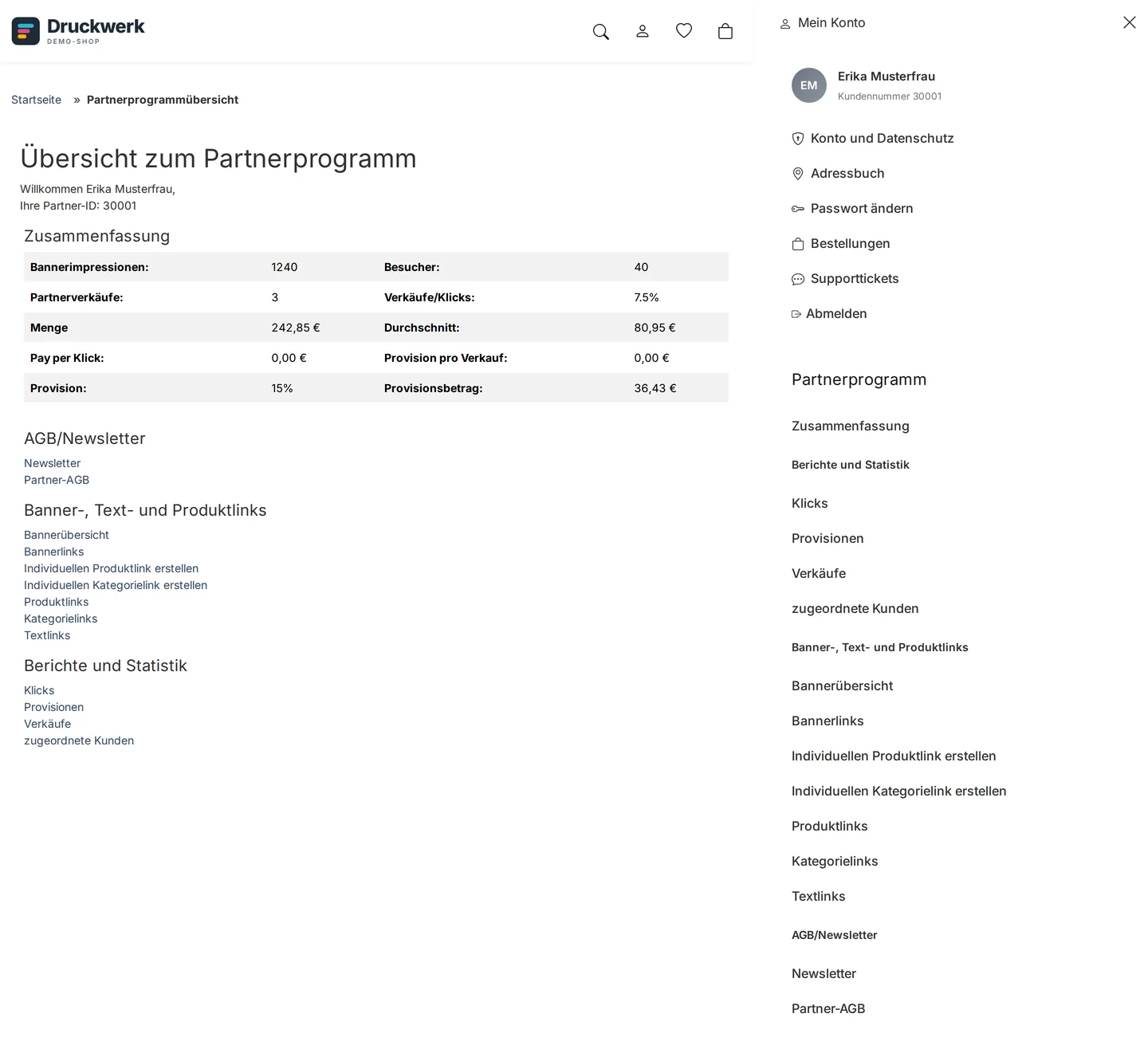 Shop, Seite „Übersicht zum Partnerprogramm“ mit „Willkommen Erika Musterfrau, Ihre Partner-ID: 30001“ und der Tabelle „Zusammenfassung“ (1240 Bannerimpressionen, 40 Besucher, 3 Partnerverkäufe, 7.5 % Verkäufe/Klicks, Menge 242,85 €, Provision 15 %, Provisionsbetrag 36,43 €), rechts das geöffnete Kontomenü „Mein Konto“ mit dem Block „Partnerprogramm“