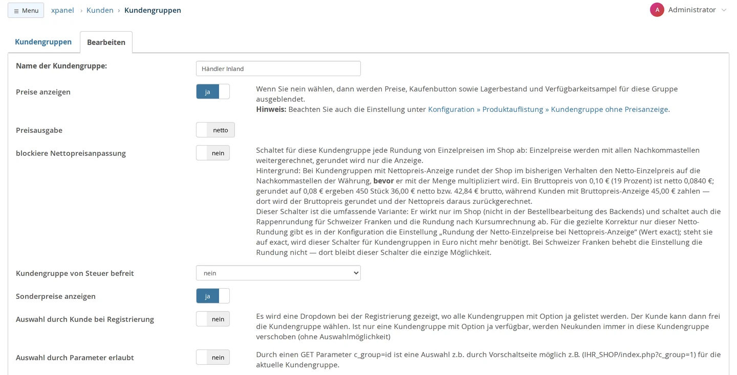 Edit the "Domestic Retailers" customer group template with "Show Prices" set to Yes, "Price Display" set to Net, "Block Net Price Adjustment" set to No (including help text), "Tax-Exempt Customer Group" set to No, "Show Special Prices" set to Yes, and the checkboxes "Customer Selection at Registration" and "Selection via Parameters" enabled