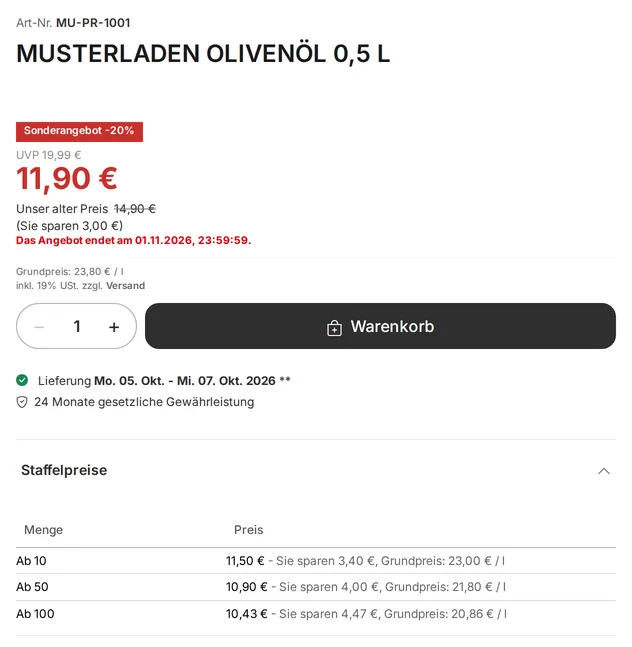 Purchase section of a product page with the “Special Offer -20%” badge, MSRP €19.99, Price €11.90, “Our old price” €14.90 crossed out, Savings €3.00, “This offer ends on …,” Base price €23.80 per liter and volume discount table starting at 10, 50, and 100 units