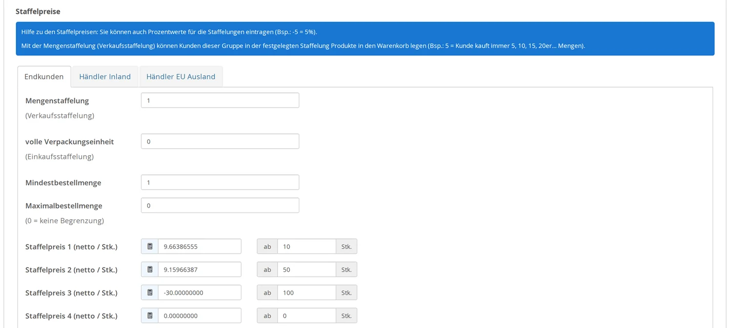 "Volume Pricing" section with tabs for each customer group; "End Customers" tab with volume tier 1, full packaging unit 0, minimum order quantity 1, maximum order quantity 0, and the tiers starting at 10, 50, and 100 units, with the third tier at -30